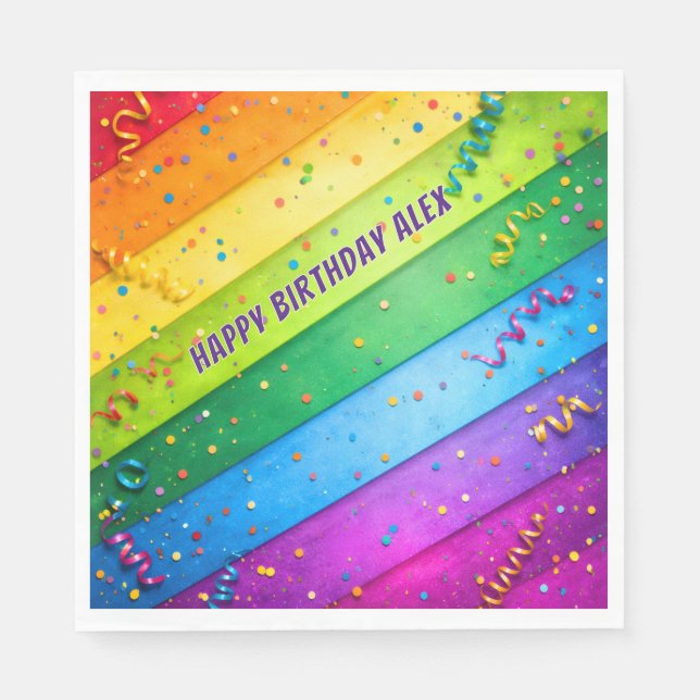 Servilleta De Papel Rainbow Birthday Stripes Confetti Party (Anverso)