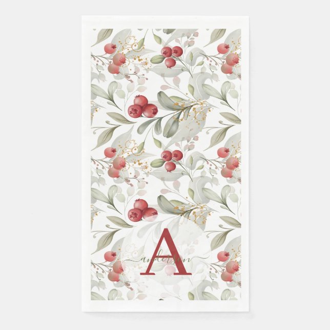 Servilleta De Papel Ramas de Arándano Rojo con Monograma de Navidad (Anverso)