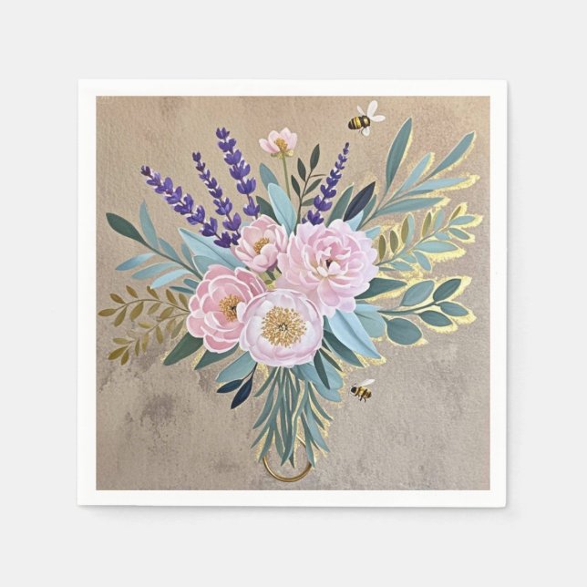 Servilleta De Papel Ramillete peonías lavanda flores Rústico (Anverso)