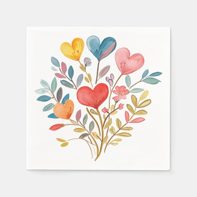 Servilleta De Papel Ramo acuarela con corazones y hojas (Anverso)