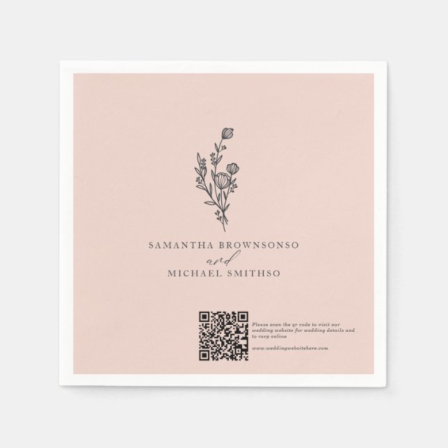 Servilleta De Papel Ramo De Flor Rosa Código Qr Día De La Boda (Anverso)