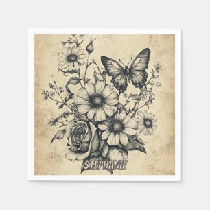 Servilleta De Papel Ramo de margarita rosa mariposa sepia vintage