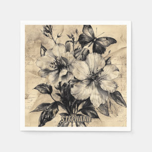 Servilleta De Papel Ramo de mariposa hibisco sepia vintage