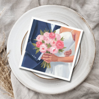Servilleta De Papel Ramo de novia y novio pintado a la acuarela