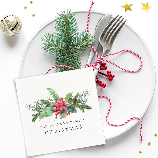 Servilleta De Papel Ramo de vegetación navideña acuarela (Christmas Greenery Watercolor Bouquet Napkins)