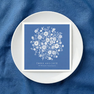 Servilleta De Papel Ramo floral azul polvoriento con nombres y fecha d