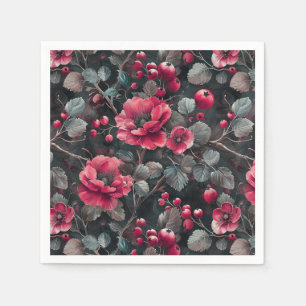 Servilleta De Papel Raspberry, flores borgoñas en gris oscuro