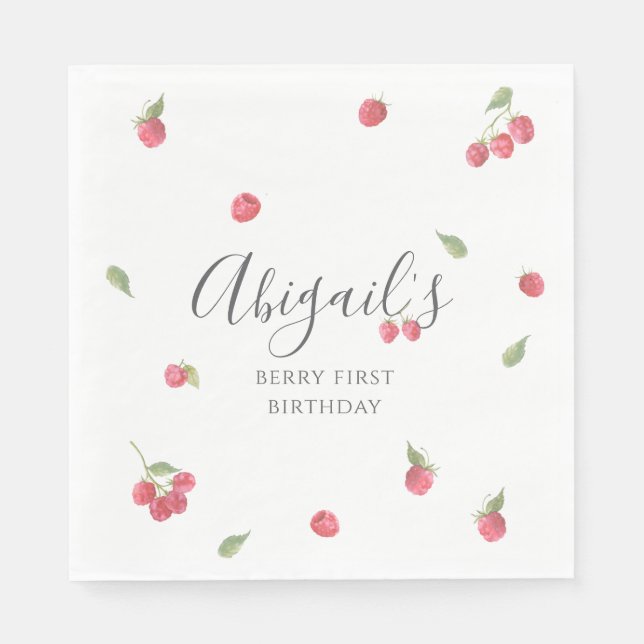 Servilleta De Papel Raspberry Sweet Berry First Birday Party (Anverso)