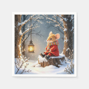 Servilleta De Papel Ratón de invierno y linterna forestal en copos de 