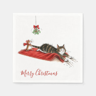 Servilleta De Papel Ratón de Navidad arrastrando un gato bajo una muér