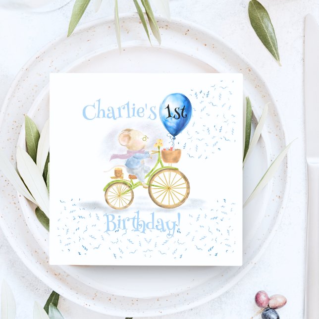 Servilleta De Papel Ratón lindo Bicicleta Animal Niño Primer Fiesta de (Cute Mouse Animal Riding Vintage Bicycle & 1st Birthday Party Balloon, party napkins & serviettes)