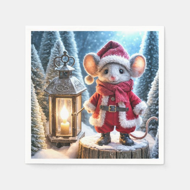 Servilleta De Papel Ratón navidad con linterna brillante (Anverso)