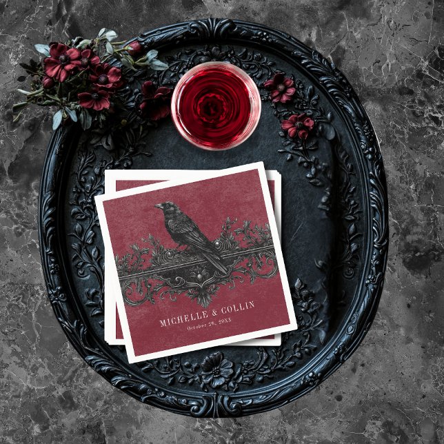 Servilleta De Papel Raven negro gótico y Boda de vino Rosas negros (Gothic Black Raven & Black Roses Wine Wedding Napkins)