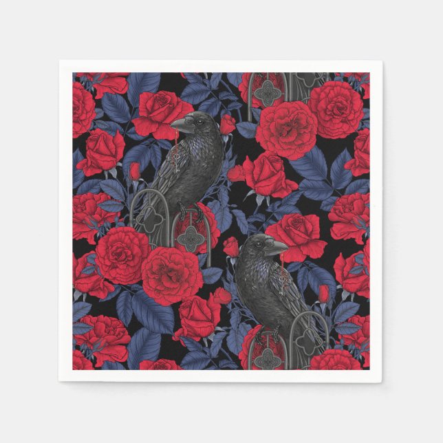 Servilleta De Papel Ravens y rosas con hojas azul oscuro (Anverso)