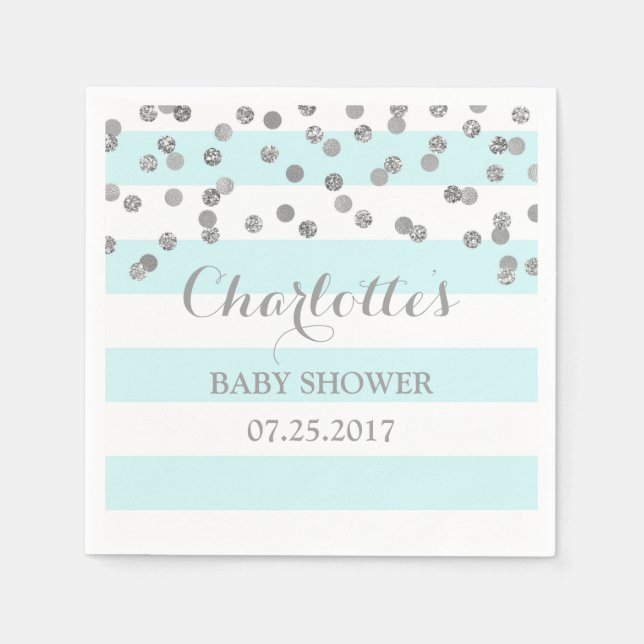 Servilleta De Papel Rayas azules claras Baby Shower confetti plateado (Anverso)