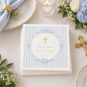 Servilleta De Papel Rayas Azules Elegante Bautizo Niño Vintage