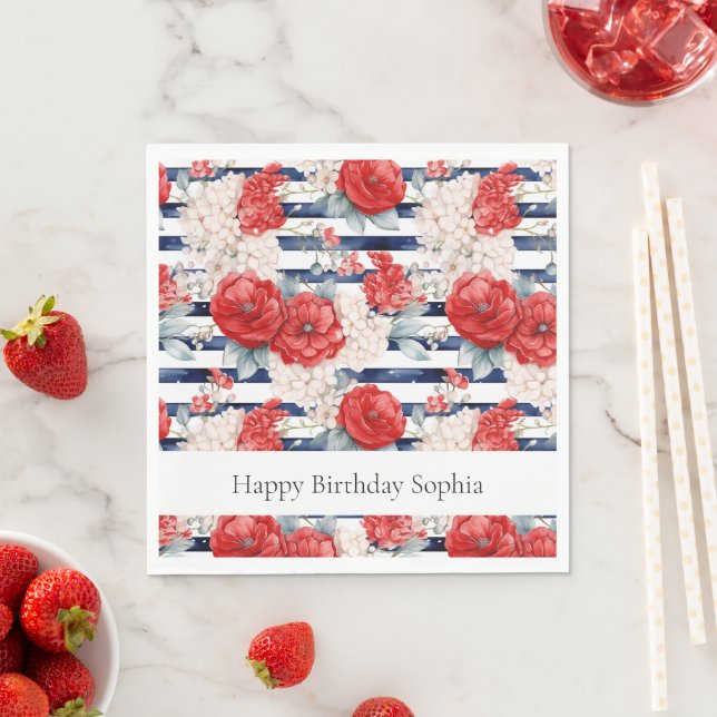 Servilleta De Papel Rayas Azules Rojo Blanco Cumpleaños Floral (In situ)