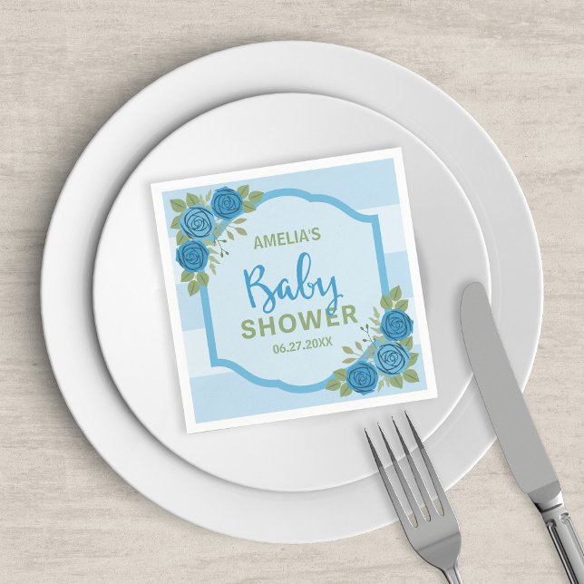 Servilleta De Papel Rayas azules y Rosas Niño Baby Shower (Subido por el creador)