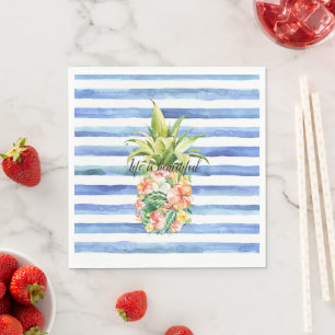 Servilleta De Papel Rayas Blancas Azules Floral Tropical Piña