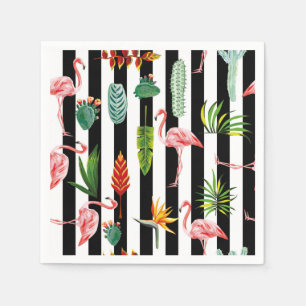Servilleta De Papel Rayas blancas negras con cactus de flamenco