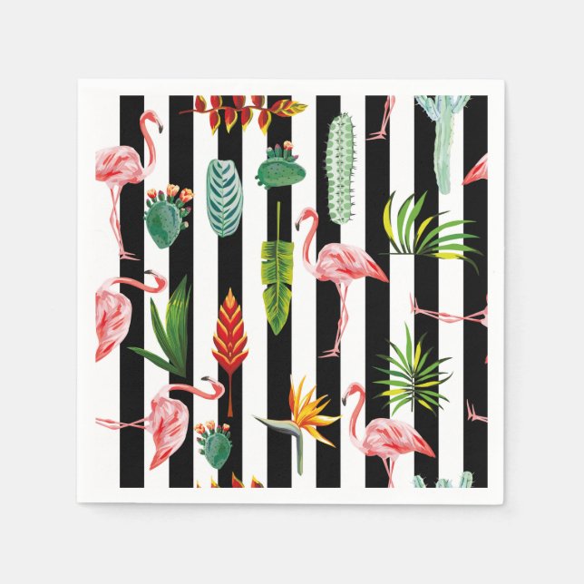Servilleta De Papel Rayas blancas negras con cactus de flamenco (Anverso)