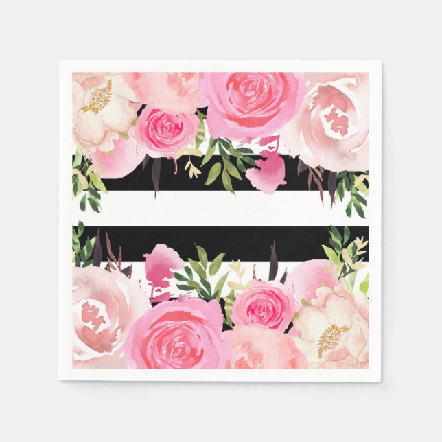 Servilleta De Papel Rayas blancas negras Floral rosa ducha de novia (Anverso)
