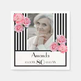 Servilleta De Papel Rayas blancas negras foto floral 80 cumpleaños