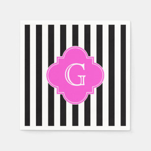 Servilleta De Papel Rayas blancas negras, monograma de quatrefoil rosa