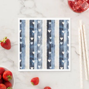 Servilleta De Papel Rayas de corazón de denim blanco azul