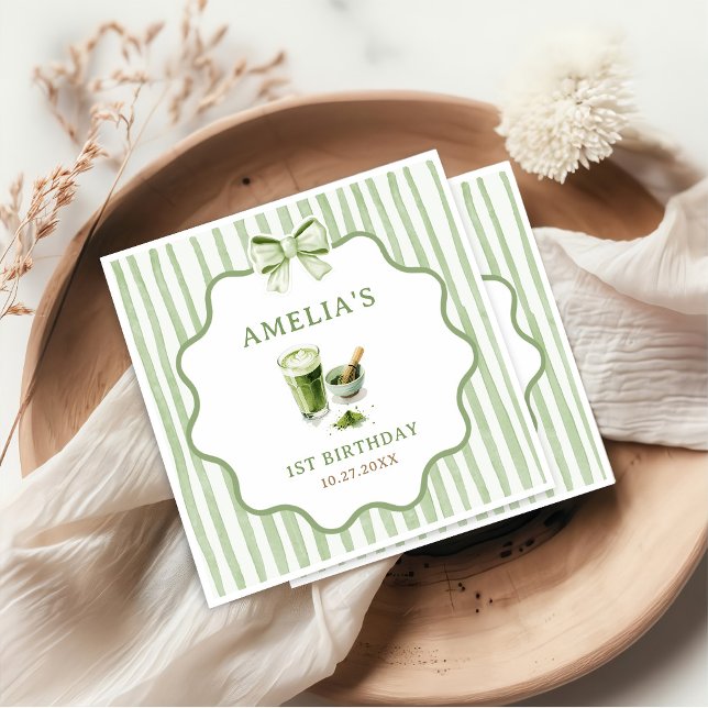 Servilleta De Papel Rayas de lazo verde Cumpleaños Matcha (Subido por el creador)
