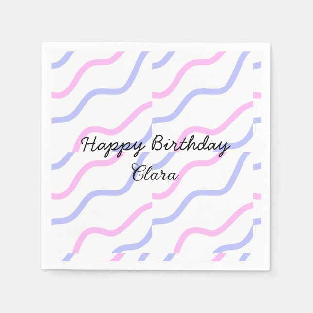 Servilleta De Papel Rayas moradas rosadas feliz cumpleaños añadir nomb (Anverso)