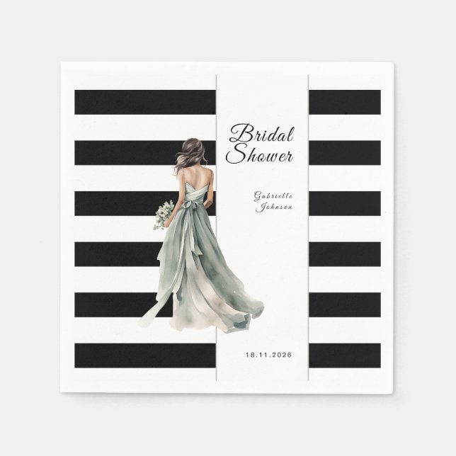 Servilleta De Papel Rayas negras y blancas acuarela Ducha de novia (Anverso)