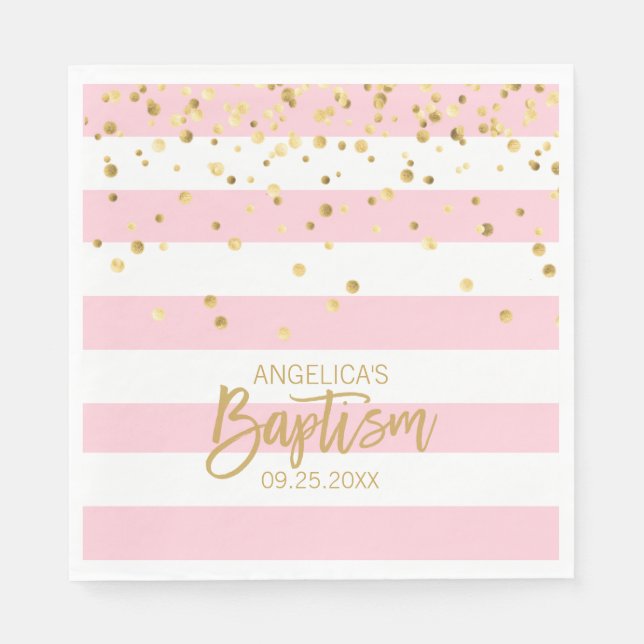 Servilleta De Papel Rayas Pastel PINK CHICA de oro BAPTISM Luncheon (Anverso)