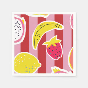 Servilleta De Papel rayas rojas y rosadas con frutas tropicales