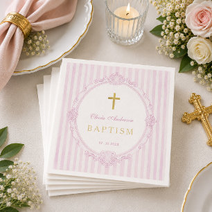 Servilleta De Papel Rayas rosadas Bautizo de niña elegante vintage