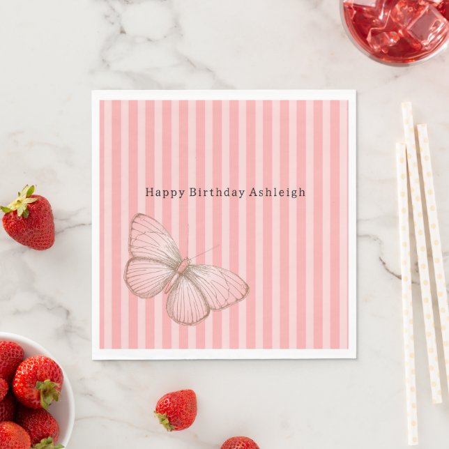 Servilleta De Papel Rayas rosadas con cumpleaños de mariposa (In situ)