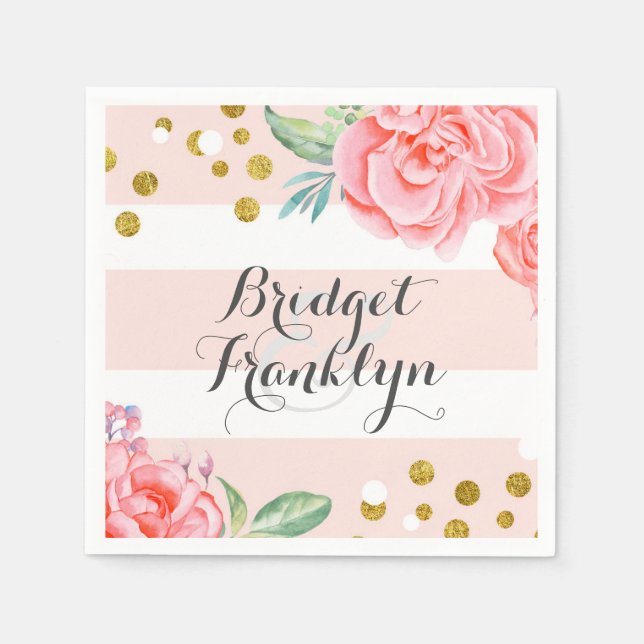Servilleta De Papel rayas rosadas y doradas confeti boda floral (Anverso)