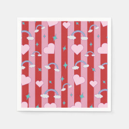 Servilleta De Papel Rayas rosadas y rojas con arcoíris y corazones