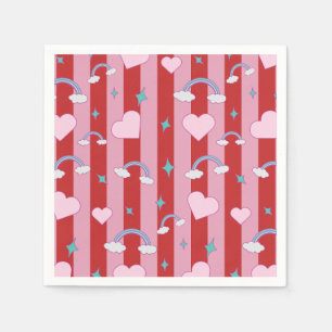 Servilleta De Papel Rayas rosadas y rojas con arcoíris y corazones