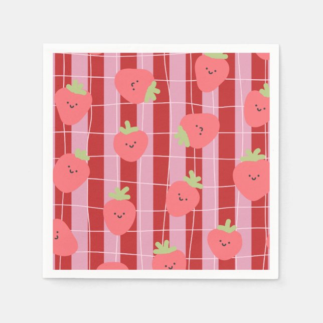 Servilleta De Papel Rayas rosadas y rojas, con fresas (Anverso)