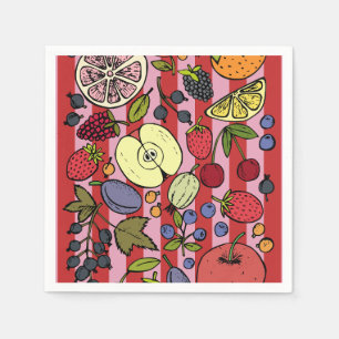 Servilleta De Papel Rayas rosadas y rojas con frutas coloridas