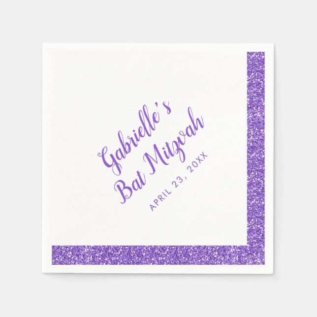 Servilleta De Papel Rayo morado Purpurina personalizado Bat Mitzvah (Anverso)