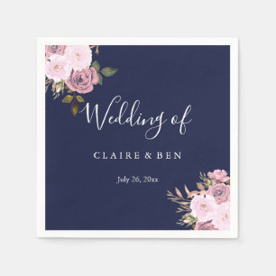 Servilleta De Papel Recepción de Boda Floral Azul y Rosa de Oro de Mar