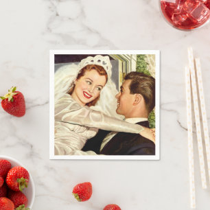 Servilleta De Papel Recién casados de boda vintage, novia y novio feli