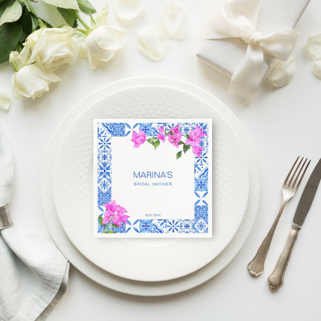 Servilleta De Papel Recuerdos para baby shower Azulejos Buganvilla  (Bridal shower table decor Blue Tiles Bougainvillea printed Napkins personalized tableware)