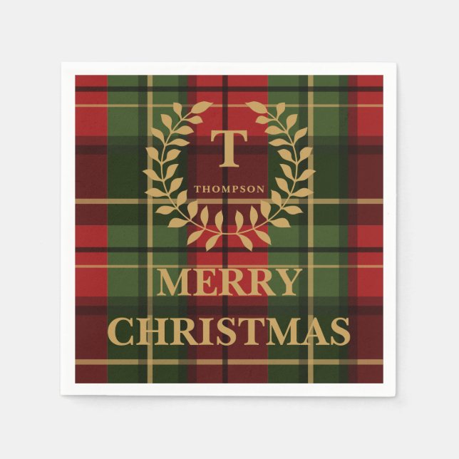 Servilleta De Papel Red And Green Christmas Plaid Custom Monogram (Anverso)