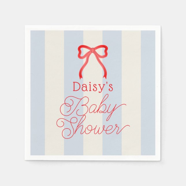 Servilleta De Papel Red Bow & Pale Blue Stripes Baby Shower (Anverso)