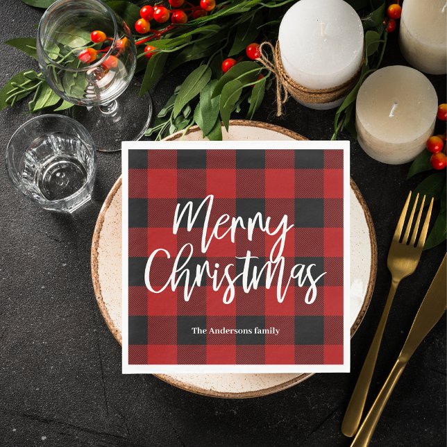 Servilleta De Papel Red Buffalo Plaid & Merry Christmas|Nombre persona (Subido por el creador)