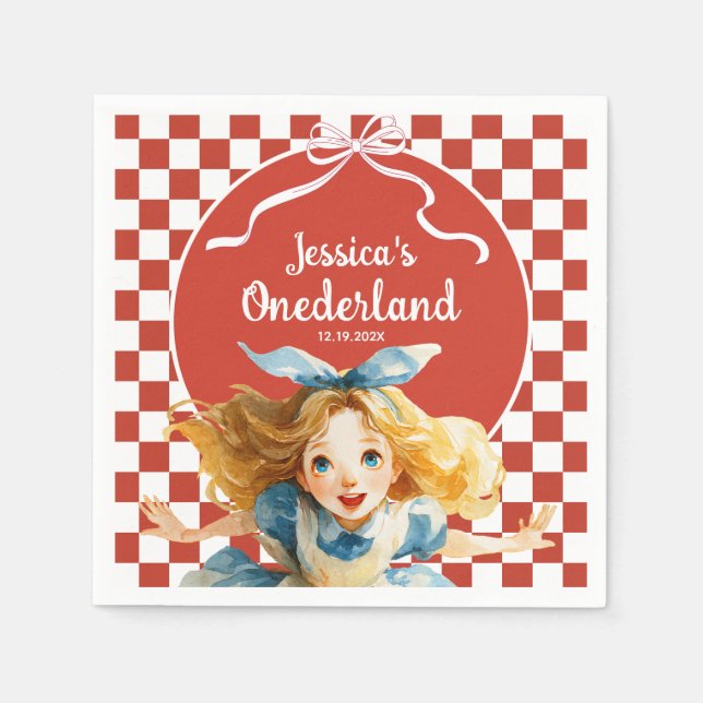 Servilleta De Papel Red Checkered Alice in ONEDERLAND 1st Birthday (Anverso)