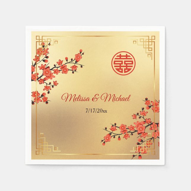 Servilleta De Papel   Red Cherry Blossoms Gold Chinese Wedding Custom (Anverso)